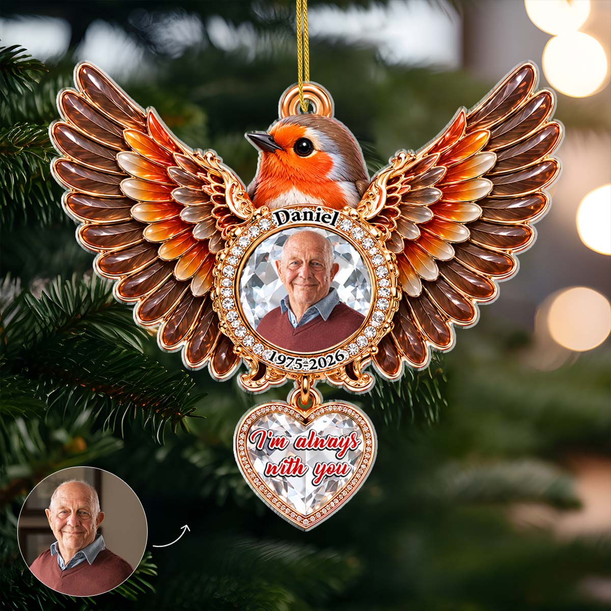 "You're Always In Our Hearts" Personalized Cardinal Angel Wings Memorial Acrylic Ornament - Keepsake Gift  for Family
