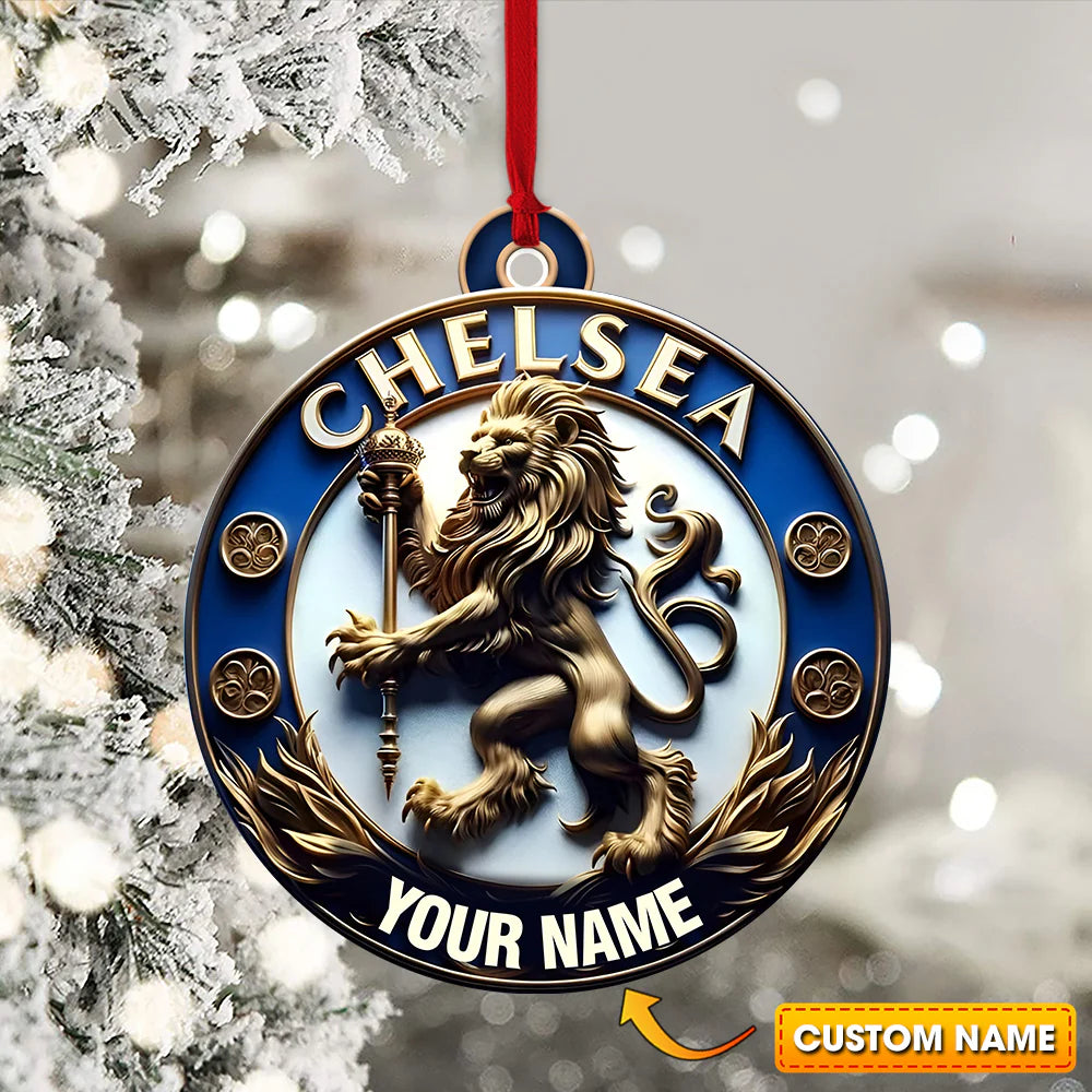 Custom Chelsea FC ornament featuring the iconic lion crest personalized with a custom name hanging on a Christmas tree