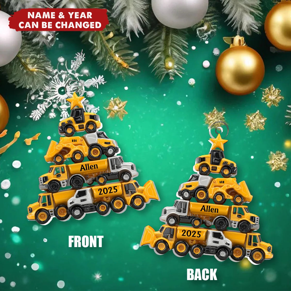 Construction Truck Christmas Tree Personalized Acrylic Ornament - Custom Holiday Keepsake for Boys