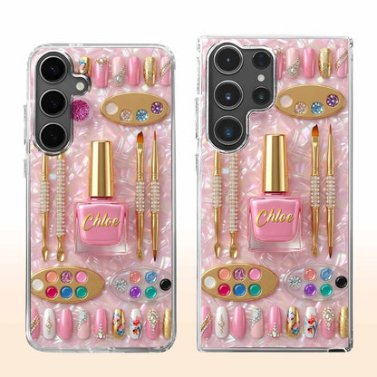 Personalized nail tech clear phone case featuring chic nail polish and tools design image 10