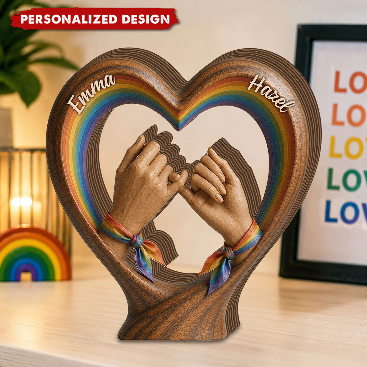 Lgbtq Rainbow Wooden Heart Plaque personalization view for Couples