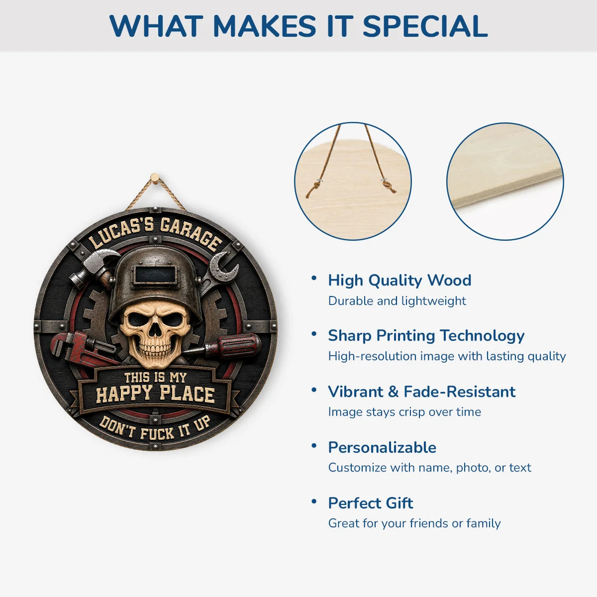 "This Is My Happy Place" Personalized Garage Wood Sign - Custom Mechanic Skull Nameplate Wall Decor Gift for Him