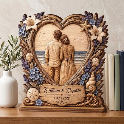 Personalized Beach Ocean Heart Wooden Block - Custom Anniversary Keepsake Gift for Couple
