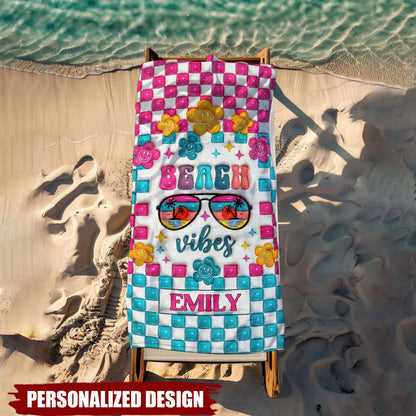 Personalized beach towel with retro pink and cyan checkerboard, Y2K smiley flowers, and a custom name plaque. image 7