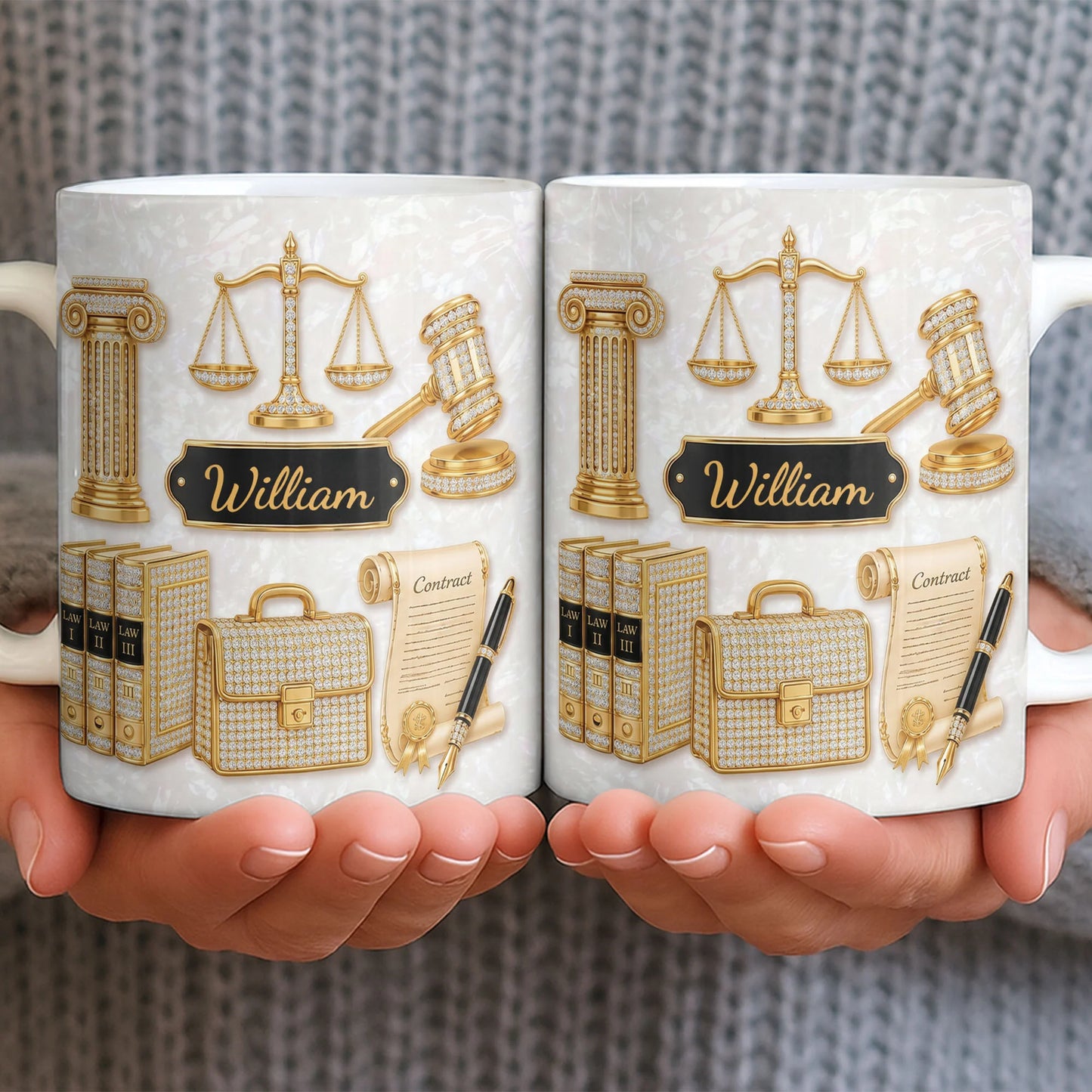 Personalized lawyer mug with golden scales of justice and custom name on mother of pearl background image 6