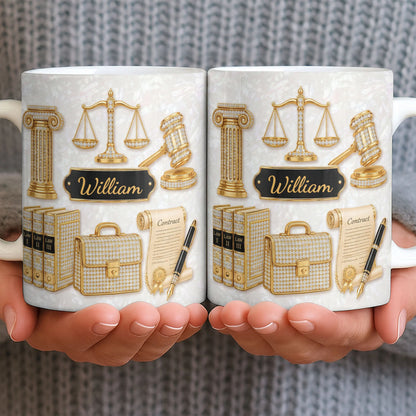 Personalized lawyer mug with golden scales of justice and custom name on mother of pearl background image 6