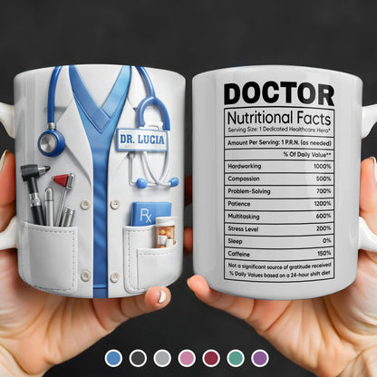 Personalized doctor gifts featuring a custom coffee mug with funny doctor nutritional facts design