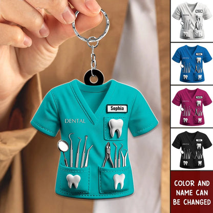 Personalized Dentist Uniform Keychain - Custom Name Scrub Acrylic Keyring Gift  for Hygienist