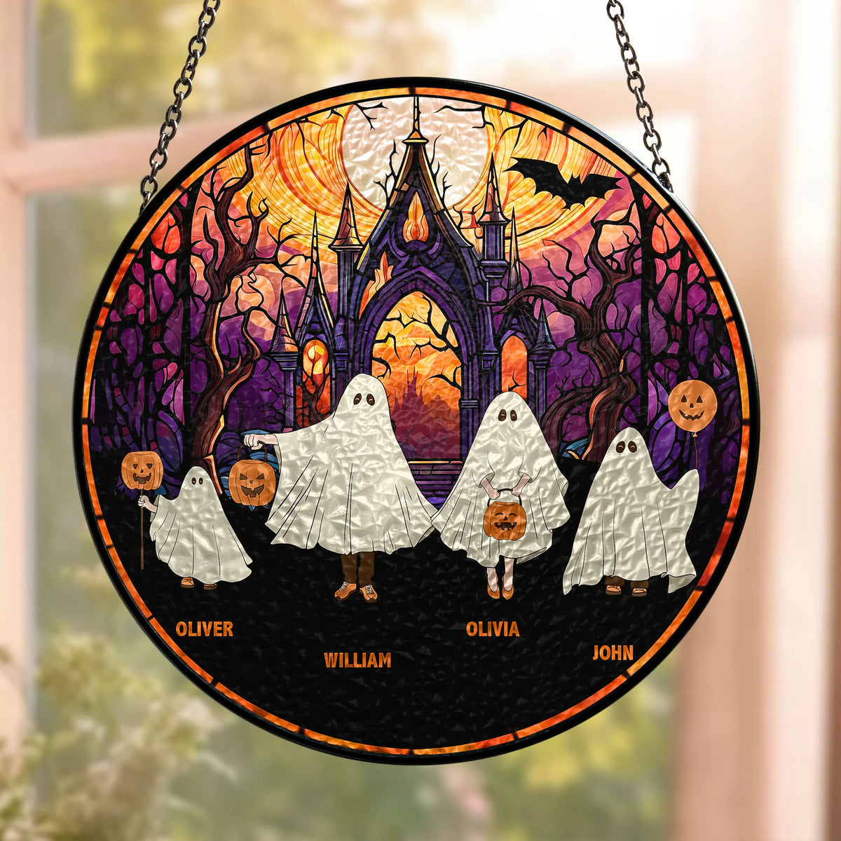 Ghost Family Personalized Suncatcher - Custom Stained Glass Window Hanging for Family Halloween Decor