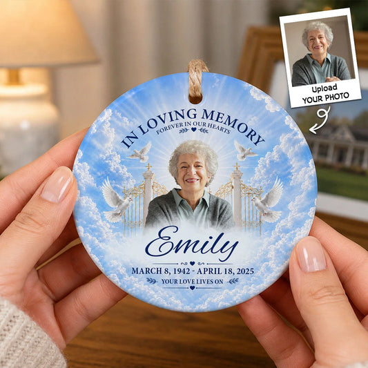 "In Loving Memory Your Love Lives On" Personalized Ceramic Ornament - Custom Photo Memorial Keepsake Gift
