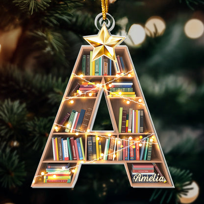 Personalized Book Lover Ornament - Custom Bookshelf Initial Acrylic Christmas Keepsake for Readers & Librarians