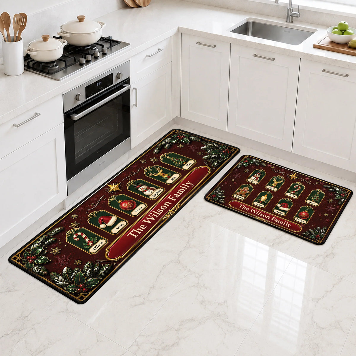 Custom Family Name Christmas Runner Rug - Personalized Holiday Kitchen Mat Decor