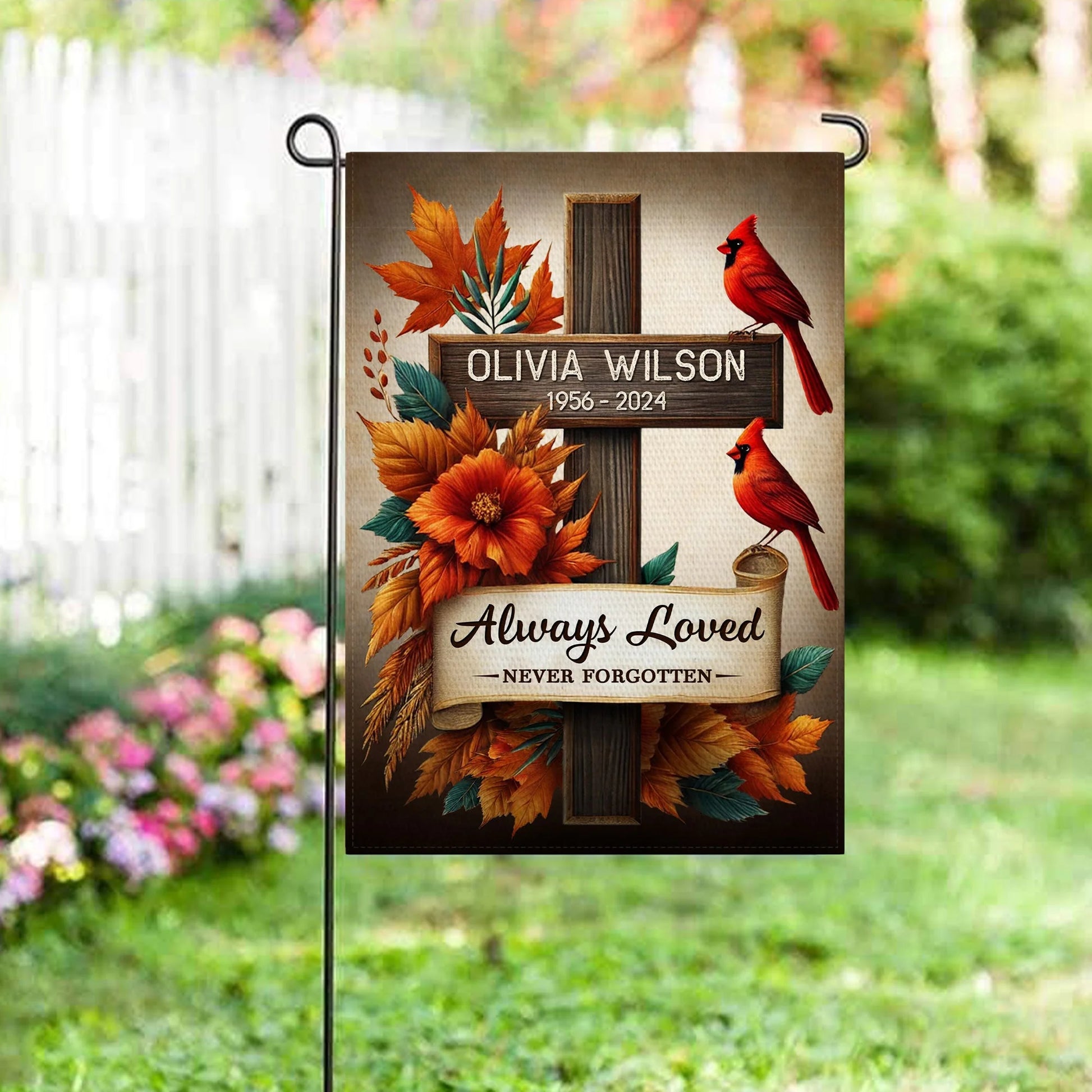 Always Loved Never Forgotten Personalized Garden Flag - Custom Cardinal Memorial Tribute Yard Flag for Family
