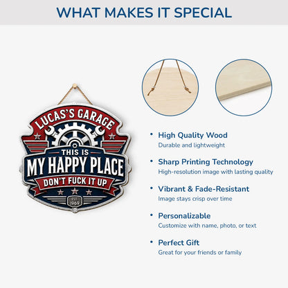 "This Is My Happy Place" Personalized Garage Wood Sign - Custom Gift for Dad