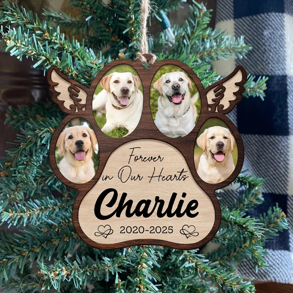 "Forever in Our Hearts" Personalized Pet Memorial Paw Wood Ornament - Custom Photo Dog Loss Keepsake Gift