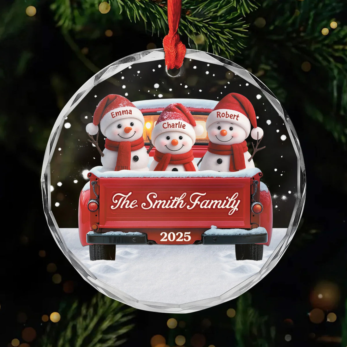 Personalized Snowman Family Glass Ornament - Custom Red Truck Keepsake for Christmas