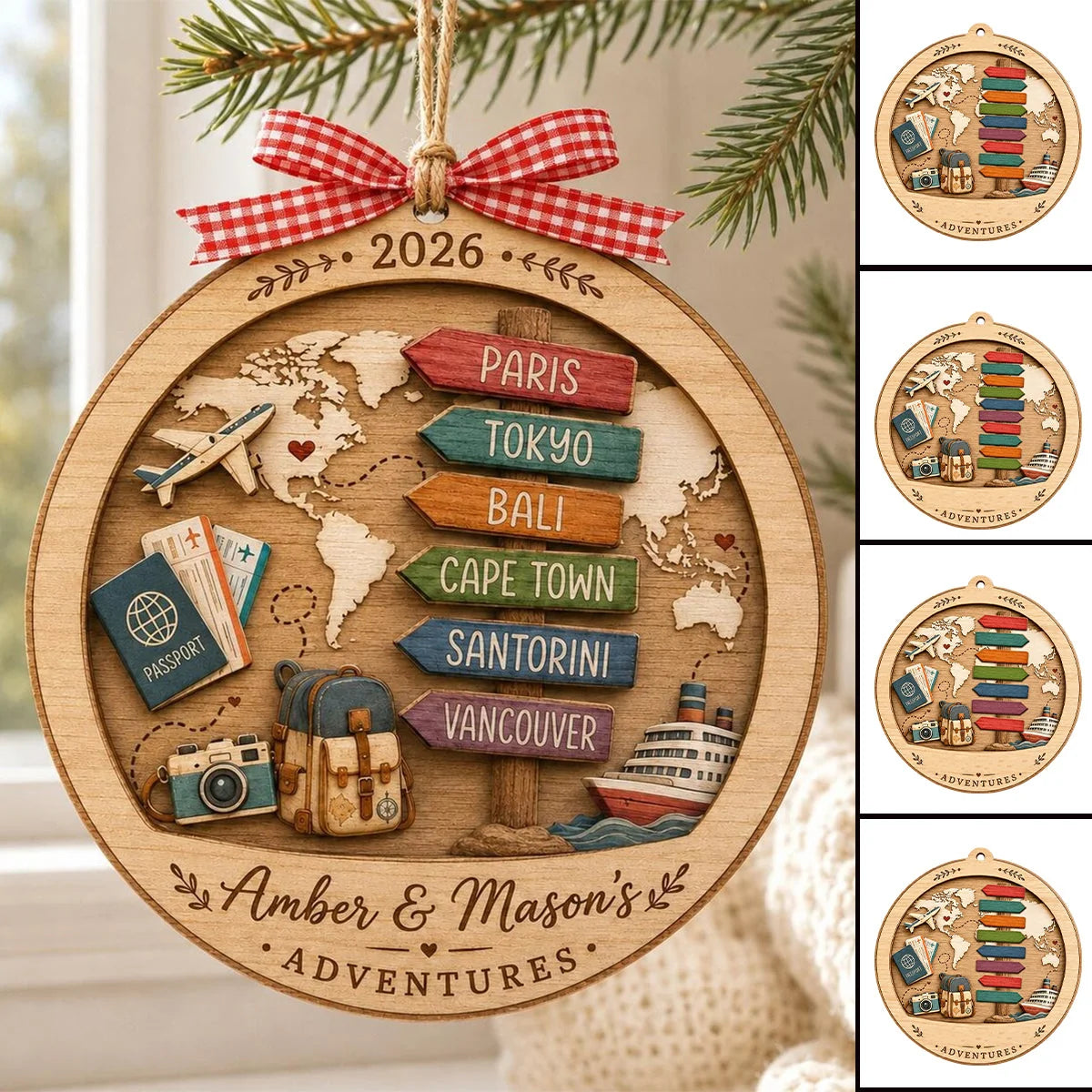 Personalized Travel Adventure Christmas Ornament 2026 - Custom Vacation Keepsake Wooden Gift for Couples and Family