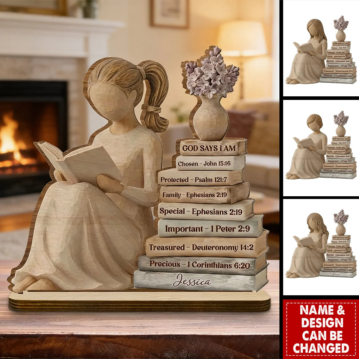 Personalized God Says I Am wooden plaque with book stack design for Christian women