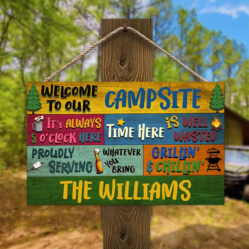 Welcome To Our Campsite Personalized Campsite Sign - Custom Wood Rectangle Sign for Outdoor Grill Decor