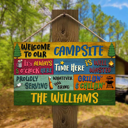 Welcome To Our Campsite Personalized Campsite Sign - Custom Wood Rectangle Sign for Outdoor Grill Decor
