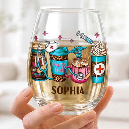 Personalized nurse stemless wine glass with Nurse Fuel leopard coffee cups and medical icons design