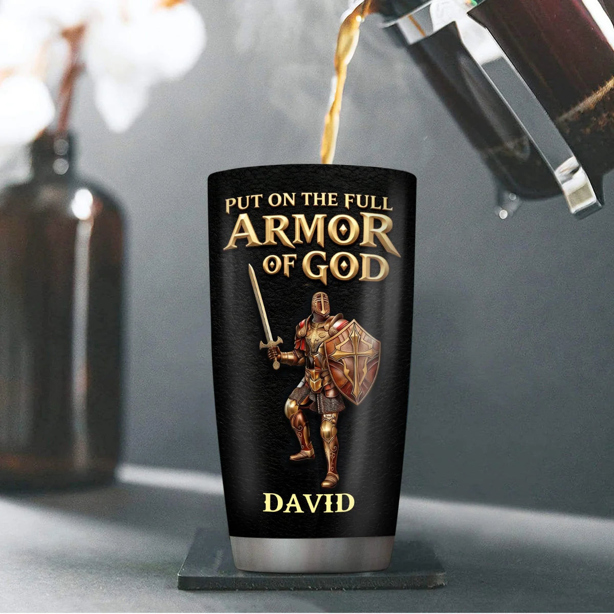 Put On The Full Armor Of God Personalized Tumbler - Christian Men Ephesians 6 Travel Mug
