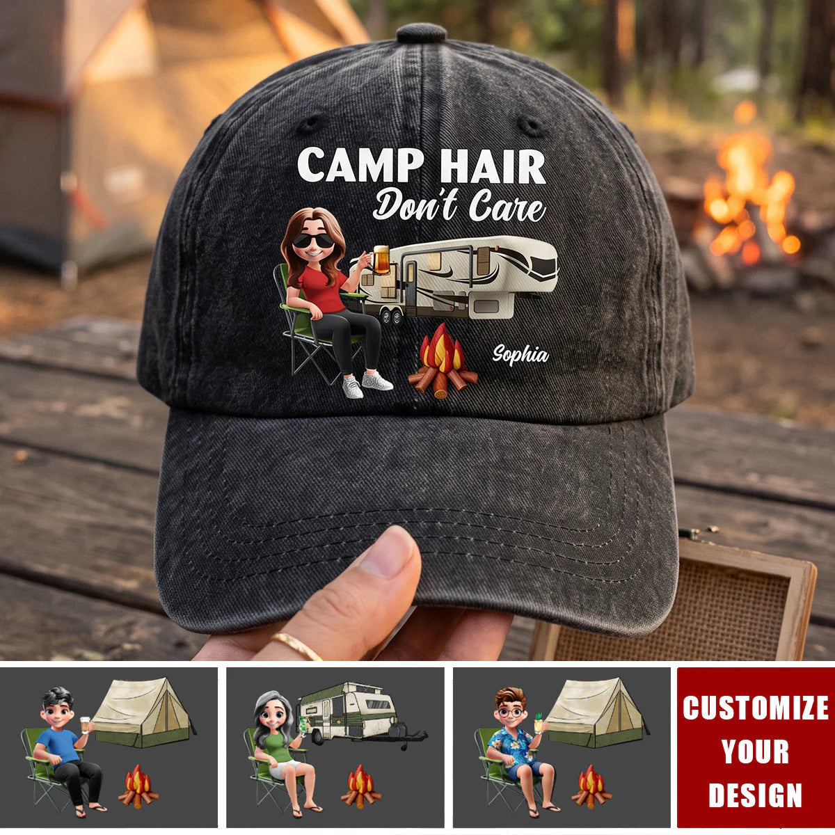 Personalized camping hat with Camp Hair Don't Care print for outdoor lovers