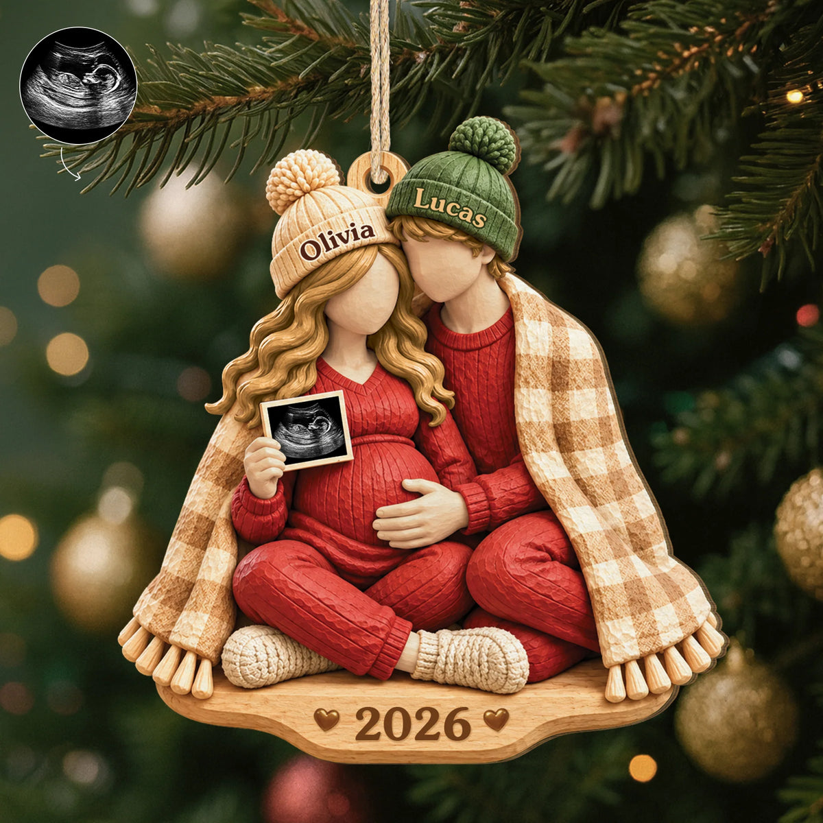 Expecting Couple Personalized Wooden Ornament - Custom Ultrasound Keepsake Gift for New Parents
