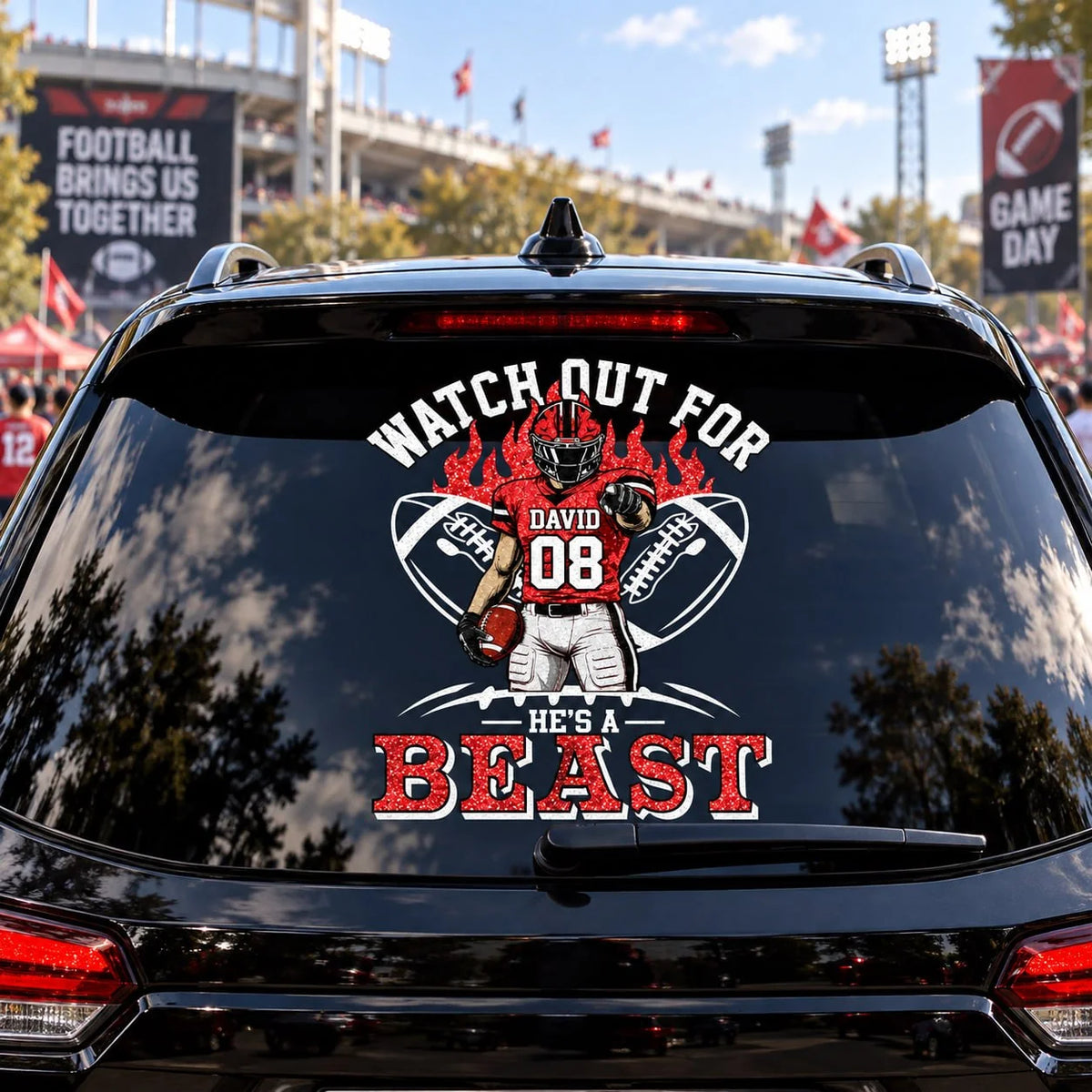 Personalized Watch Out For He's A Beast Car Decal, Custom Football Player Sticker, Gift for Sports Moms and Dads T1807 VH01	