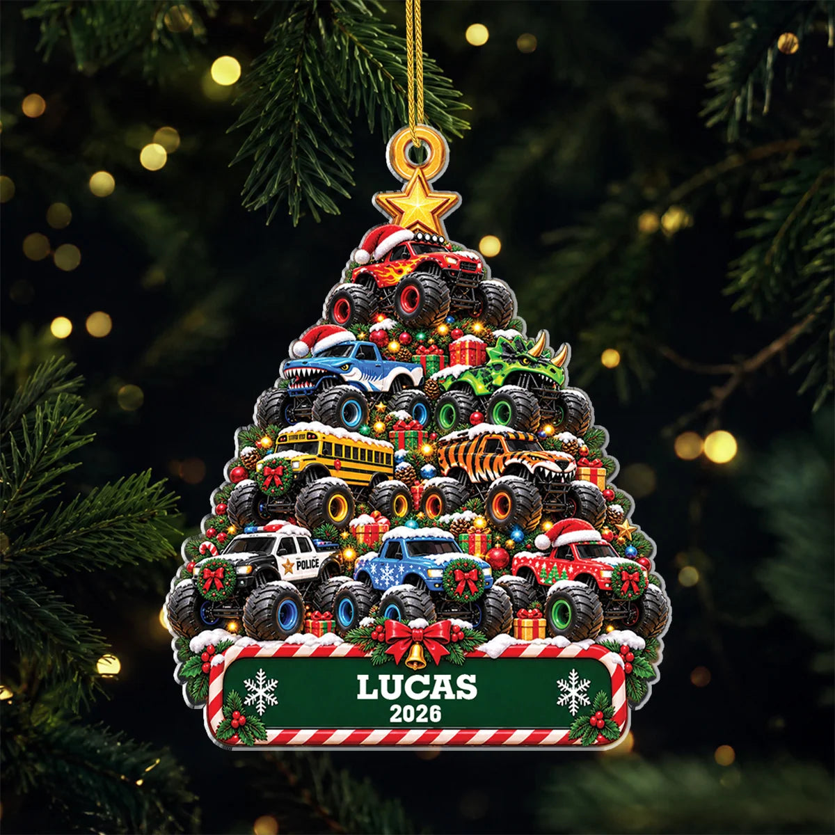 Monster Truck Christmas Tree Personalized Acrylic Ornament - Custom Name Holiday Gift for Kids