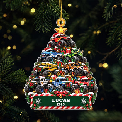 Monster Truck Christmas Tree Personalized Acrylic Ornament - Custom Name Holiday Gift for Kids