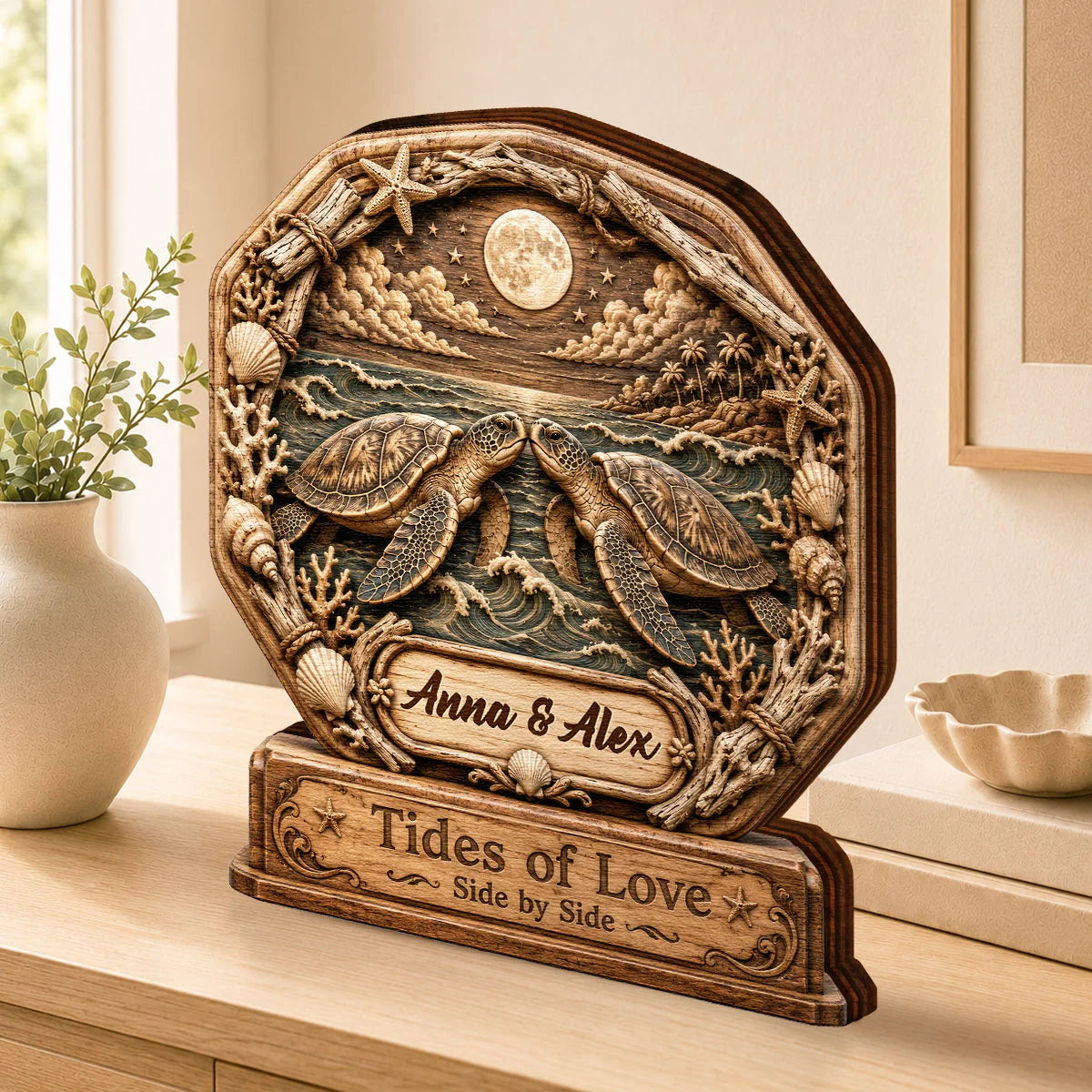 Tides Of Love Side By Side - Personalized Sea Turtle Wooden Block Gift for Couples
