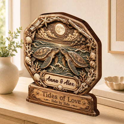 Tides Of Love Side By Side - Personalized Sea Turtle Wooden Block Gift for Couples