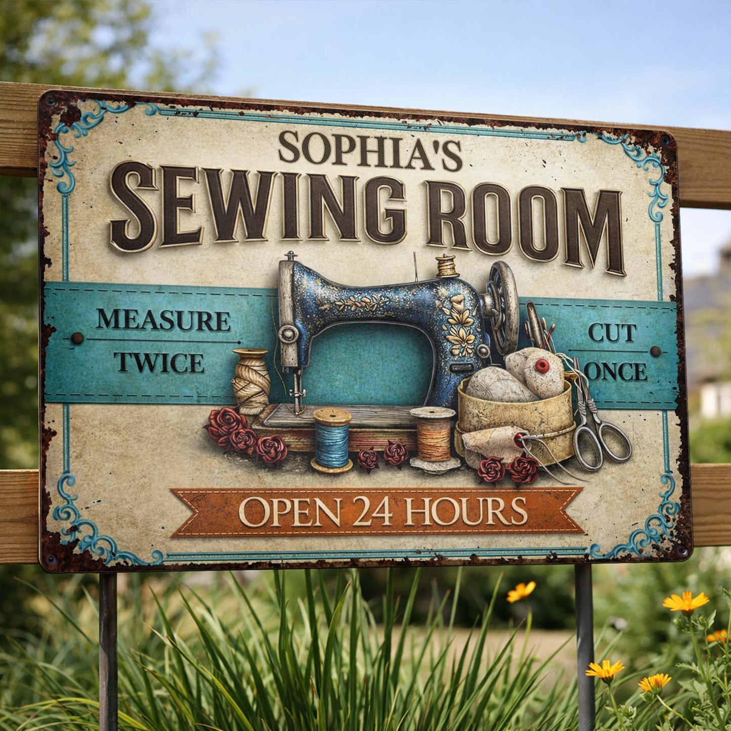 Custom Sewing Room Vintage Metal Sign for Mom with personalized design details for meaningful gifting image 8