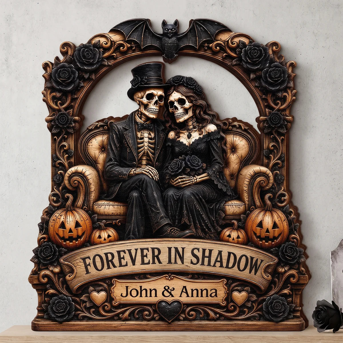 "Forever In Shadow" Personalized Skeleton Couple Wooden Block - Custom Gothic Halloween & Wedding Keepsake Gift for Couples
