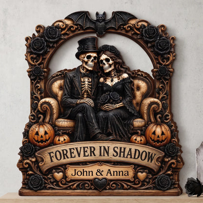 "Forever In Shadow" Personalized Skeleton Couple Wooden Block - Custom Gothic Halloween & Wedding Keepsake Gift for Couples