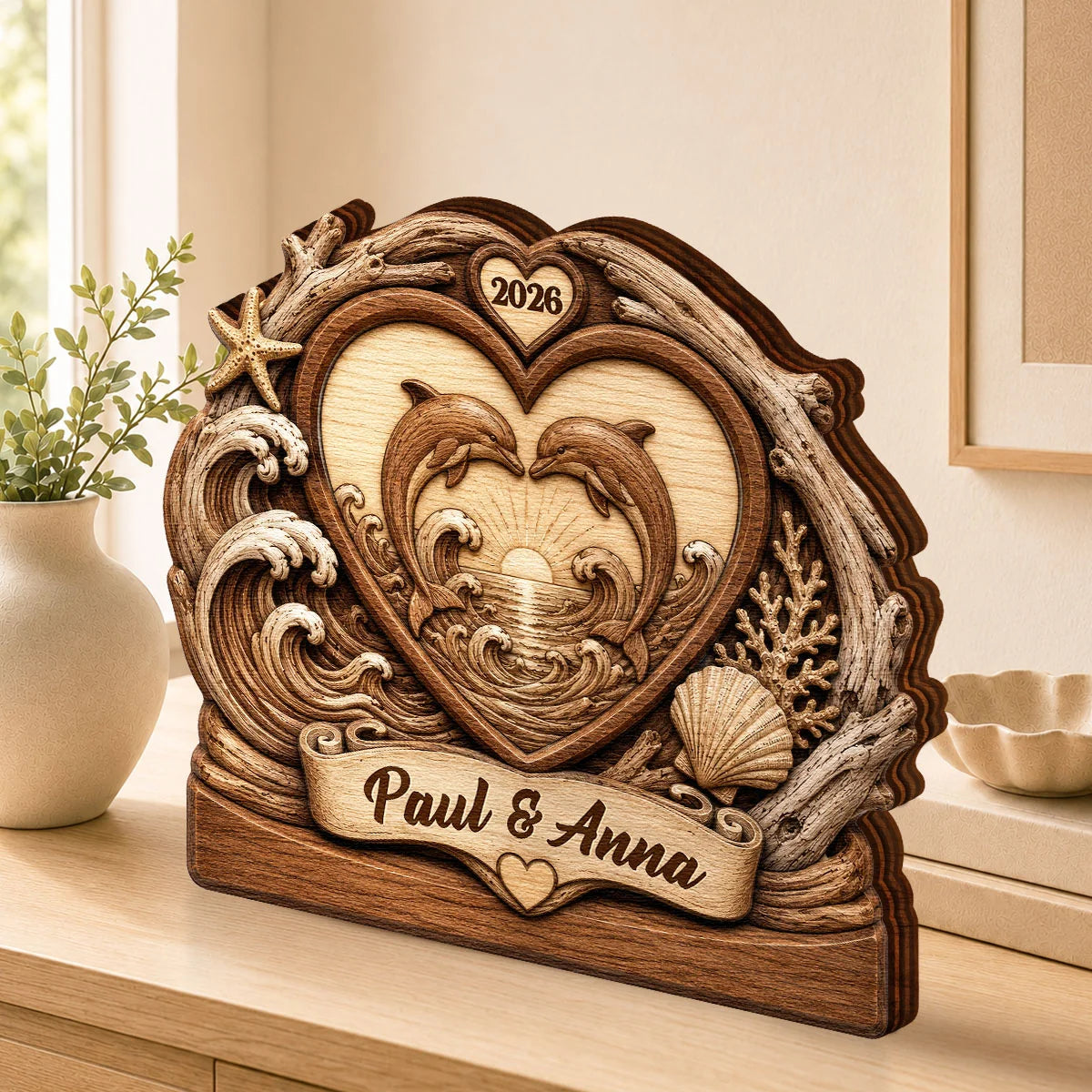 Two Dolphins Endless Love Personalized Wooden Block - Custom Anniversary Gift for Couples