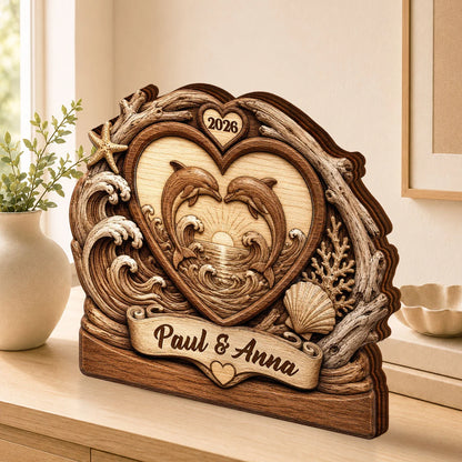 Two Dolphins Endless Love Personalized Wooden Block - Custom Anniversary Gift for Couples