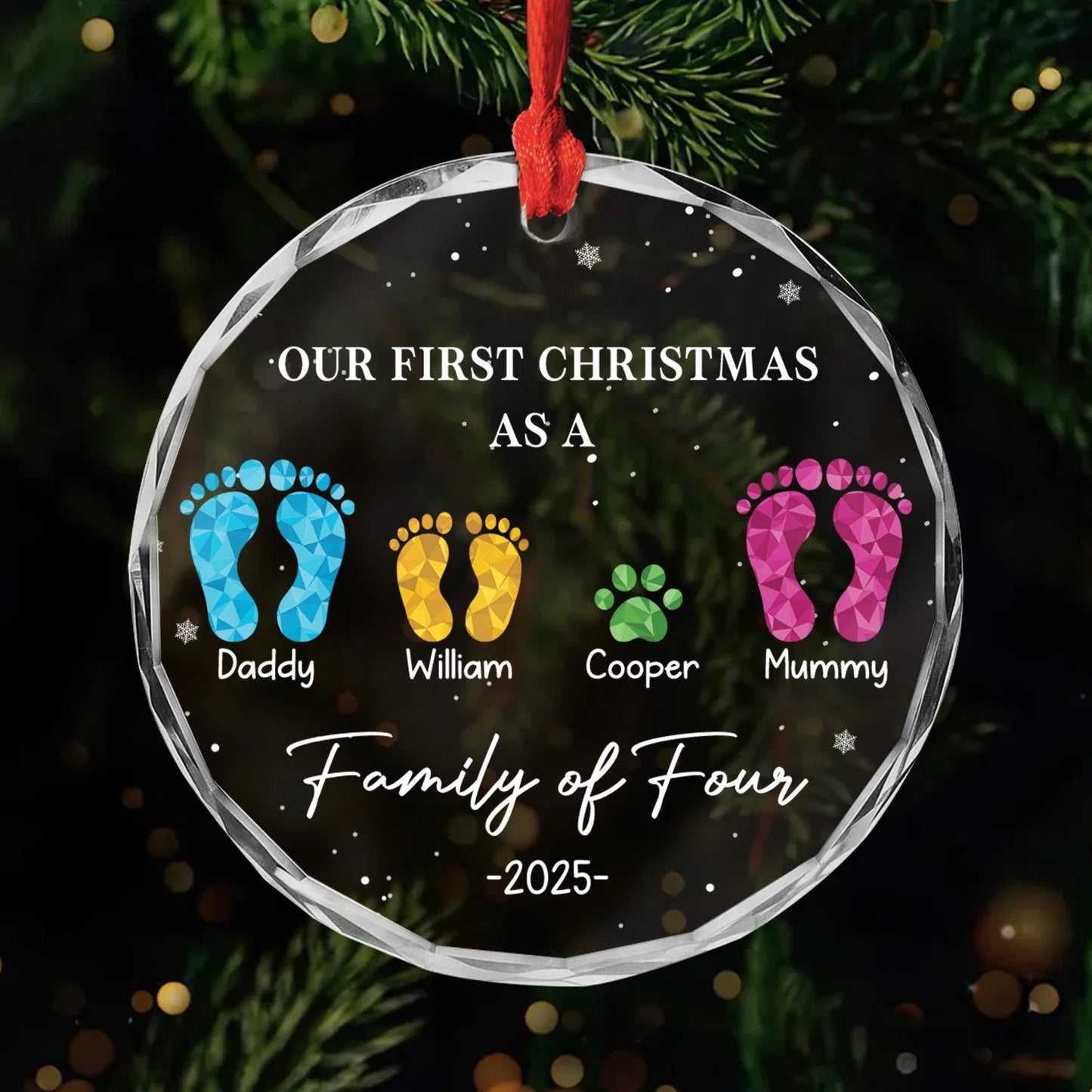 Our First Christmas As A Family Personalized Glass Ornament - Custom Footprints Keepsake for Mom & Dad