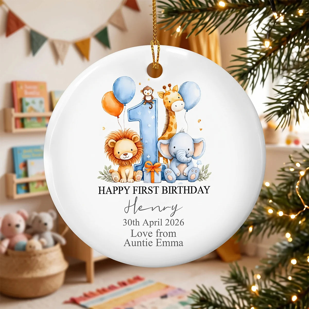 Happy First Birthday Safari Animals Ceramic Ornament - Custom Baby Keepsake Gift