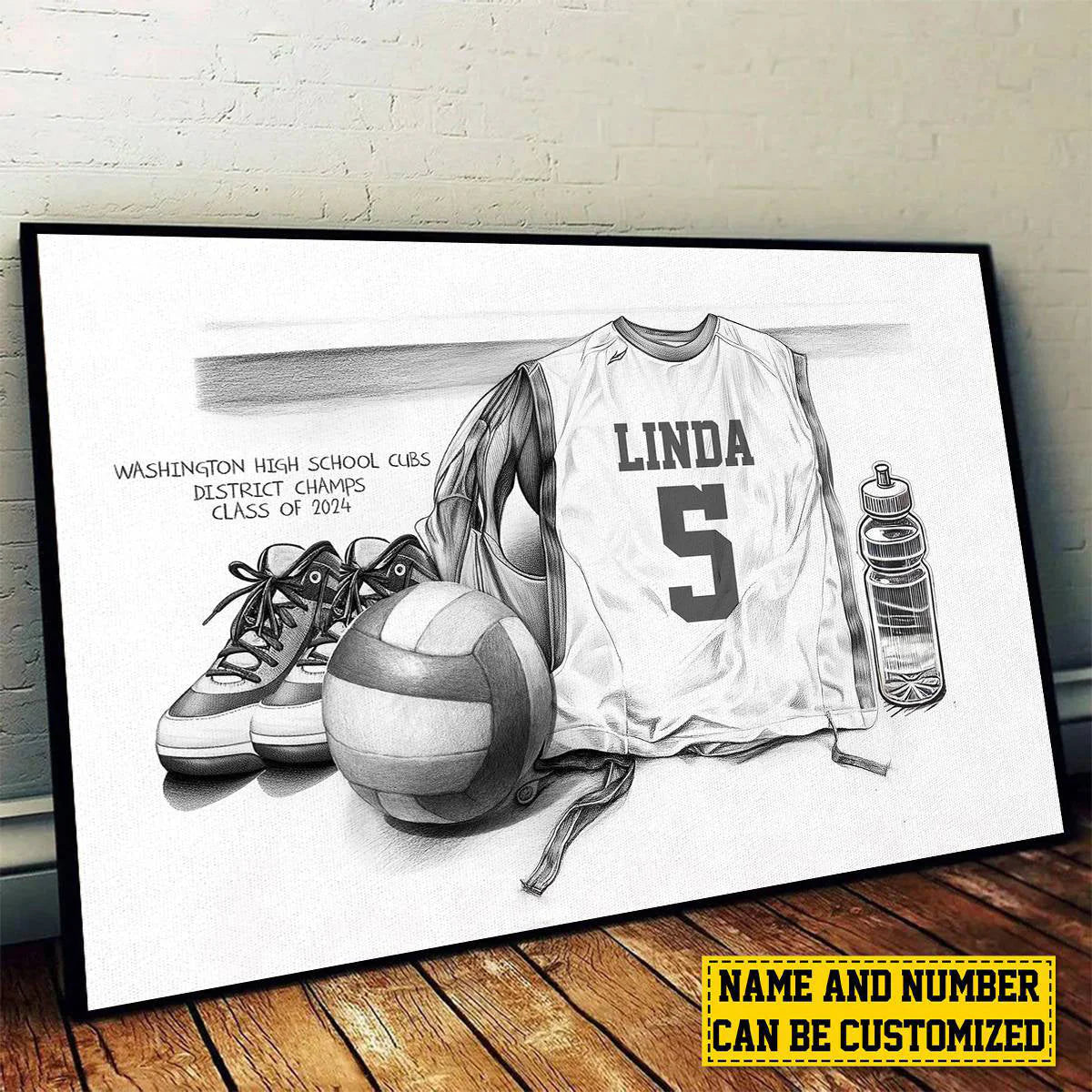 Personalized volleyball team canvas print featuring sketch style jersey, ball, and shoes for sports team gifts