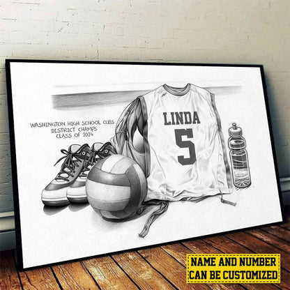 Personalized volleyball team canvas print featuring sketch style jersey, ball, and shoes for sports team gifts