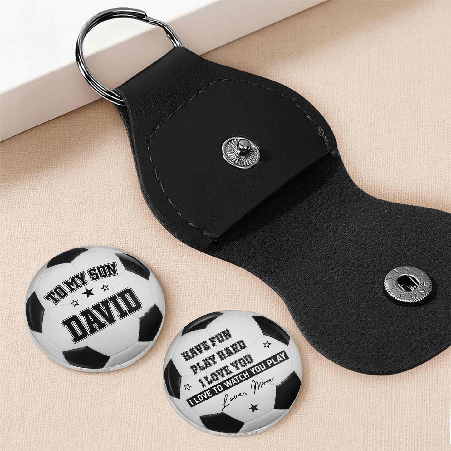 Personalized soccer pocket hug token with custom name David and leather case gift for son image 6