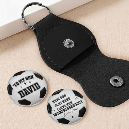 Personalized soccer pocket hug token with custom name David and leather case gift for son image 6