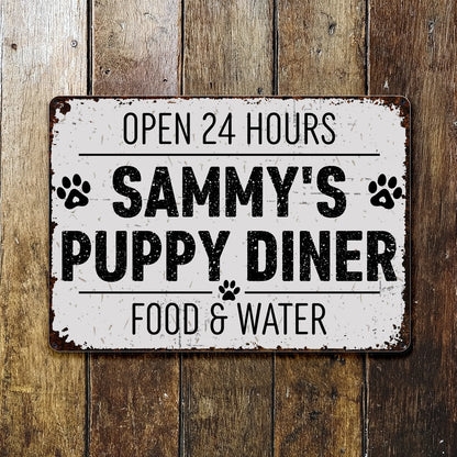Personalized dog mom metal sign featuring Open 24 Hours Sammy's Puppy Diner design for dog lovers image 6