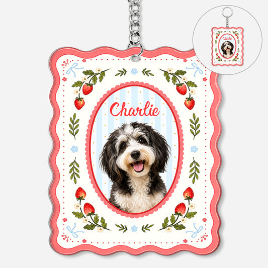 Custom Strawberry Dog Photo Acrylic Keychain for Dog Lovers with personalized design details for meaningful gifting