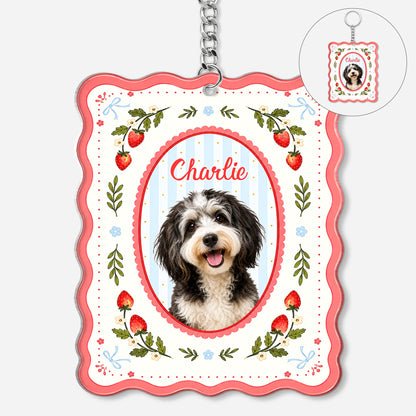 Custom Strawberry Dog Photo Acrylic Keychain for Dog Lovers with personalized design details for meaningful gifting