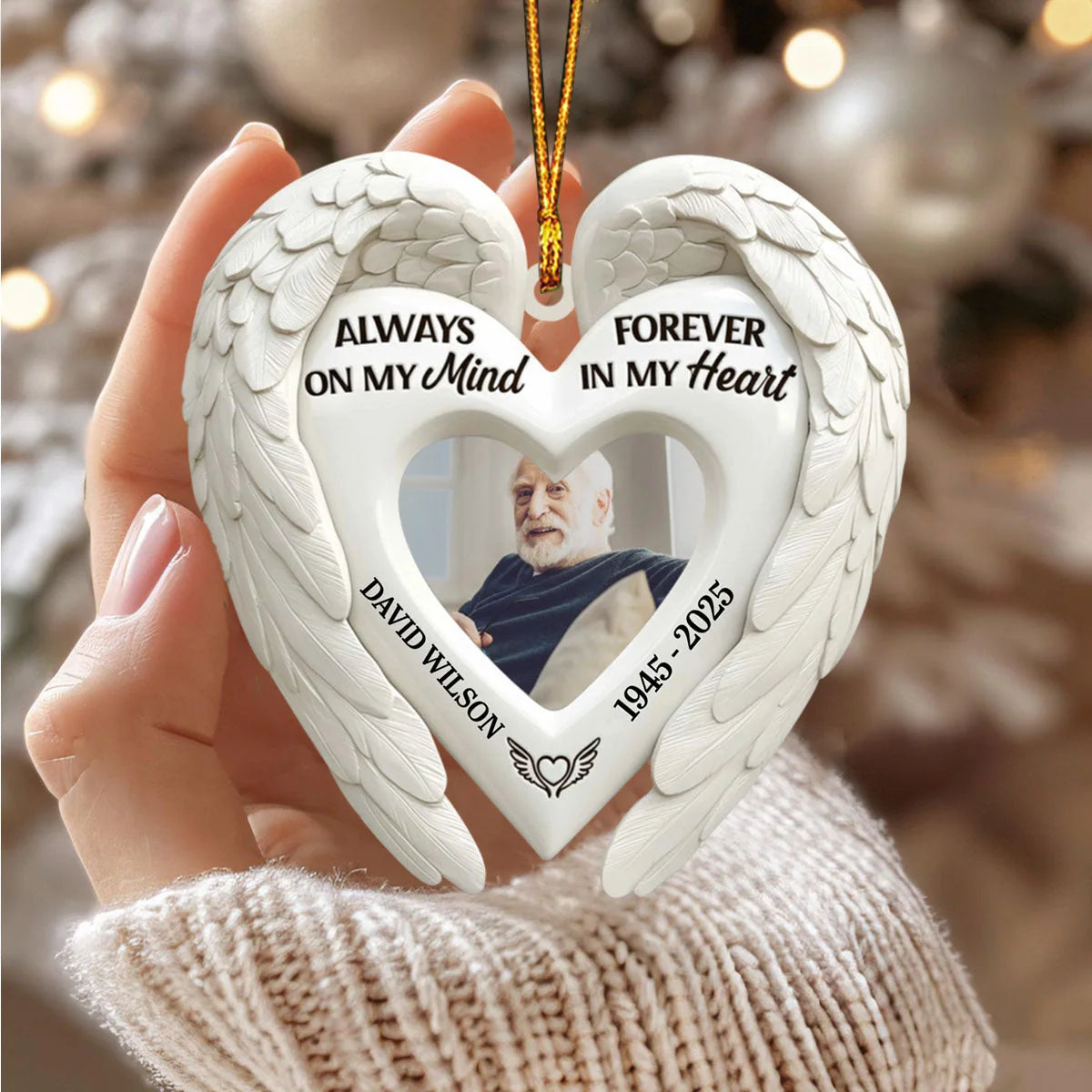 Always On My Mind Personalized Angel Wings Wooden Ornament - Custom Memorial Photo Keepsake for Family