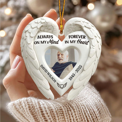 Always On My Mind Personalized Angel Wings Wooden Ornament - Custom Memorial Photo Keepsake for Family