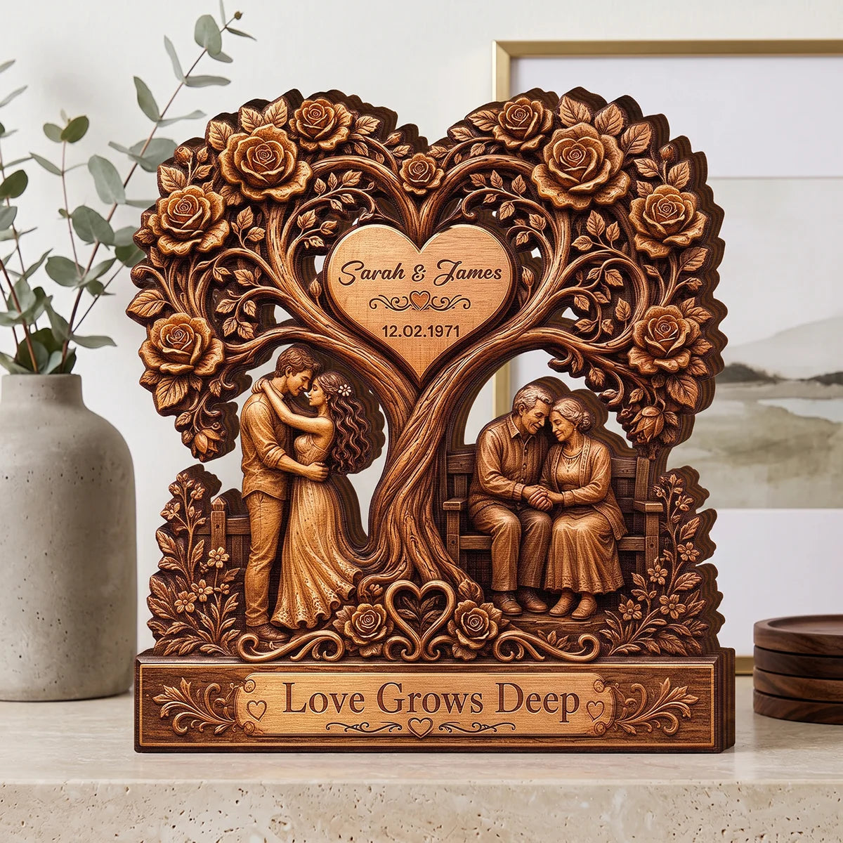 Love Grows Deep Custom Heart Tree Wooden Block - Personalized Anniversary Gift for Couple